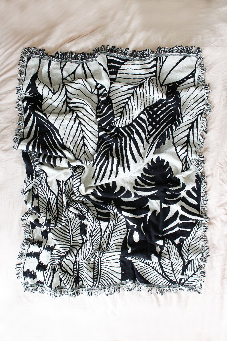 Tropical Jungle Black and White Reversible Throw Blanket Housewarming Gift House Plants Living Room Couch Blanket Bedroom Decor image 5