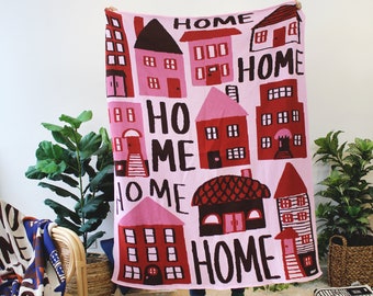 Home Neighborhood Houses Knit Throw Blanket - Housewarming Gift - Pink Red House Apartment Condo Dorm Decor