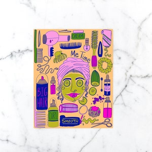 May include: An illustration of a person with a face mask and hair turban, surrounded by various beauty and hair care products. The text "Me Time" is written in the center of the image.
