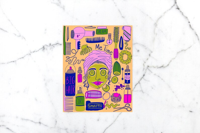 May include: An illustration of a person with a face mask and hair turban, surrounded by various beauty and hair care products. The text "Me Time" is written in the center of the image.