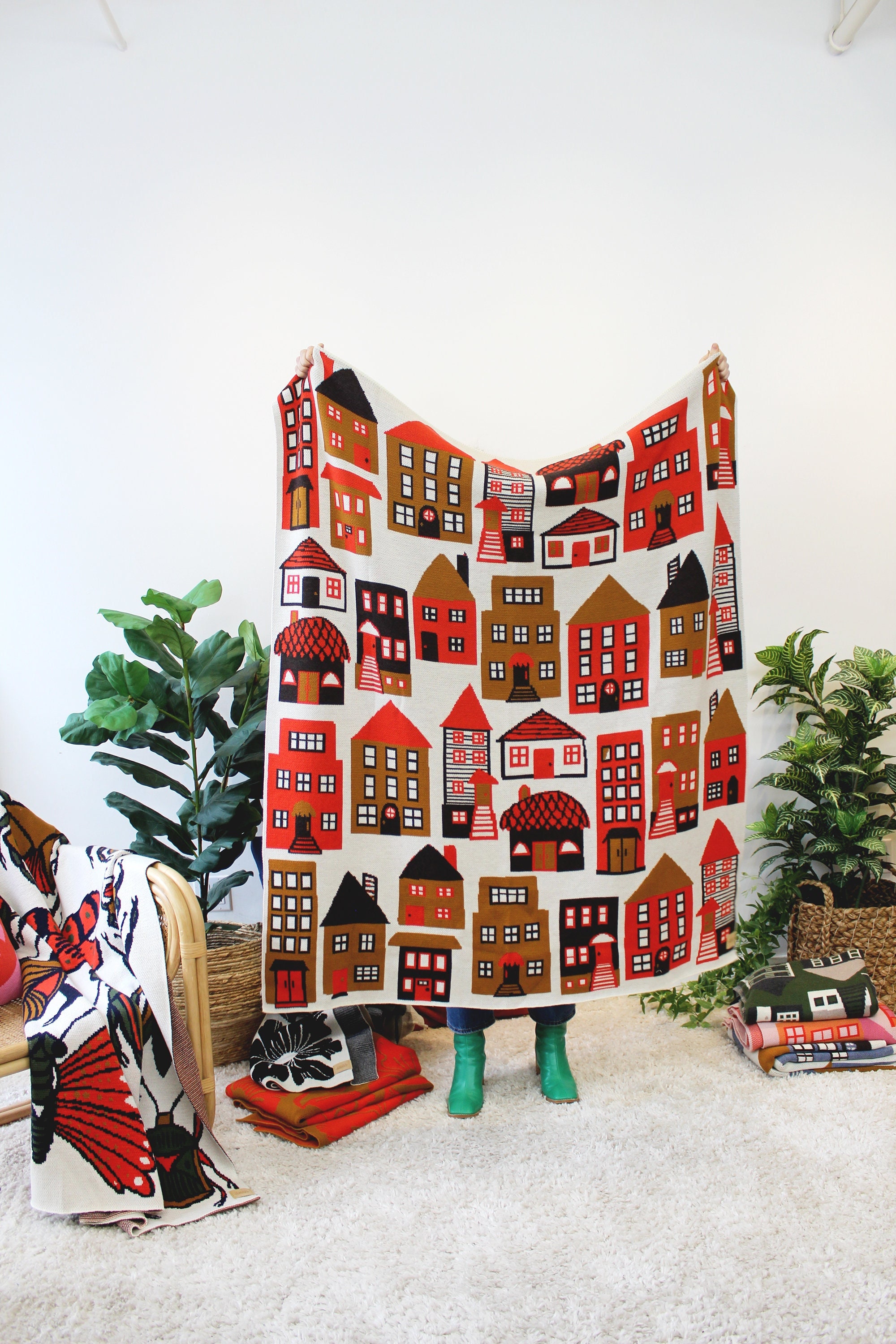 Neighborhood Houses Homes Merino Wool Blanket in Red Brown | Etsy