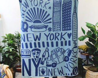 New York Knit Throw Blanket - Flat Iron Blue and Navy - Cozy Gifts - New York City Print