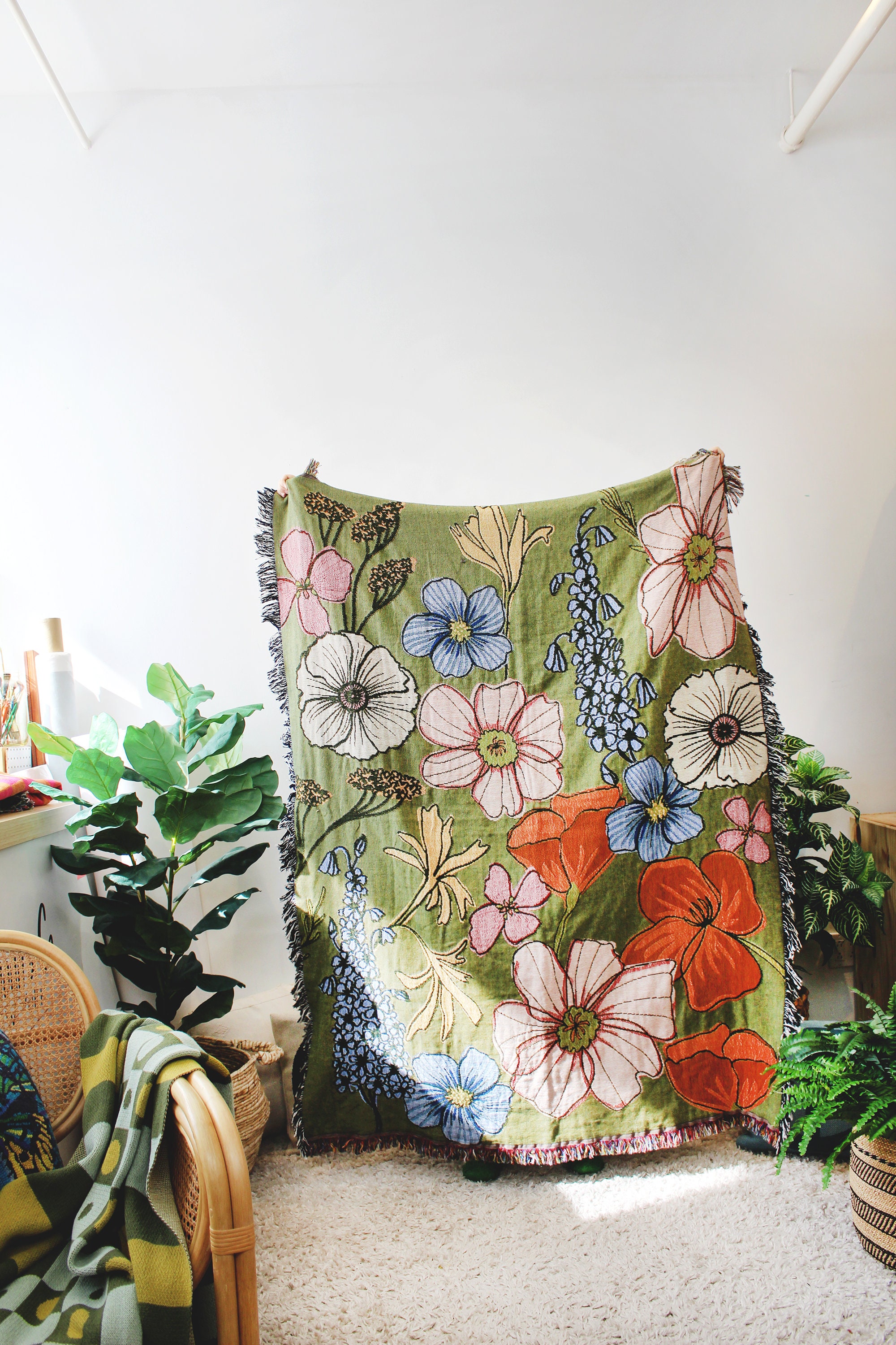 Wild Flowers Floral Blanket Multi color Tapestry Blanket Cotton