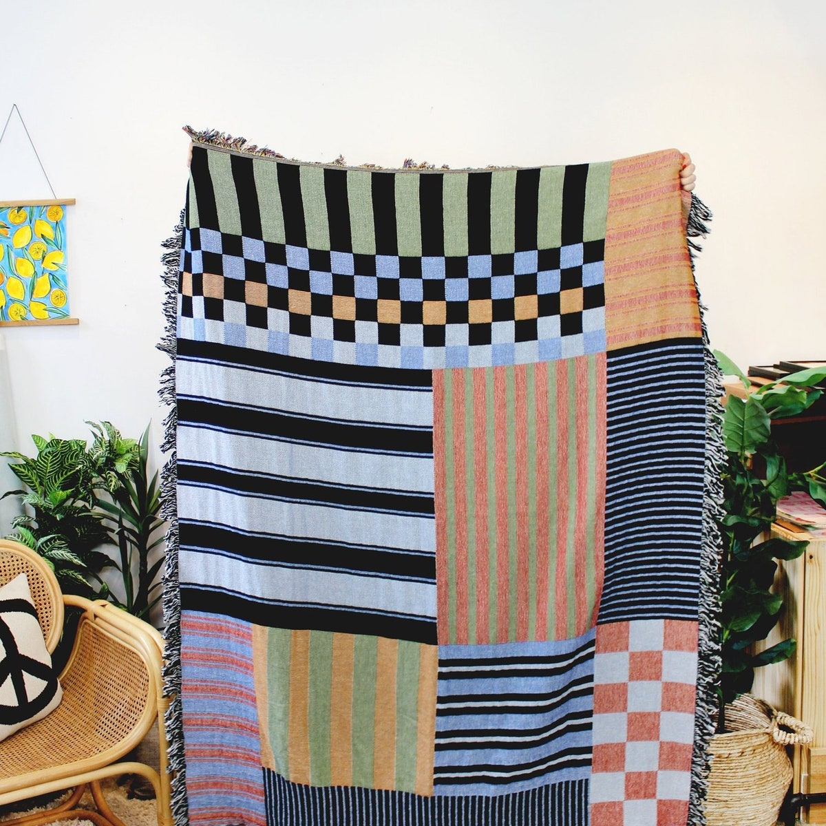 Chex Mix Stripe Tapestry Blanket - Multi-Color Throw Blanket - Cotton Throws - Housewarming Gift - Checkered Home Decor - Patchwork Blanket