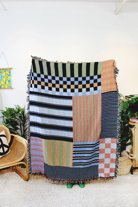 Chex Mix Stripe Tapestry Blanket Multi color Throw Blanket Cotton Throws Housewarming Gift Checkered Home Decor Patchwork Blanket Etsy Canada