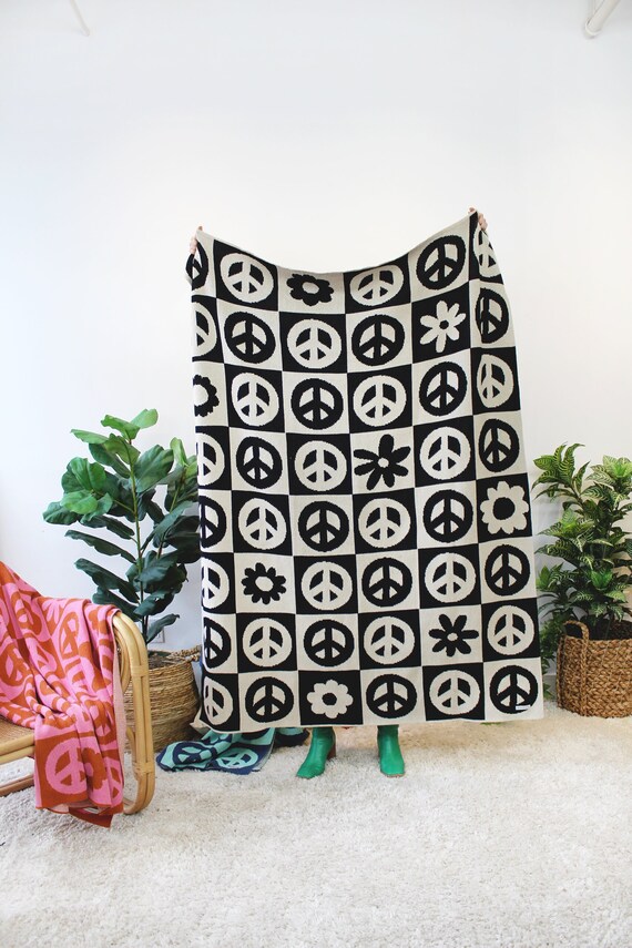 Peace Please Peace Sign Knit Throw Blanket in Black Natural Checkered Throw Blanket Decor Retro Flower Etsy