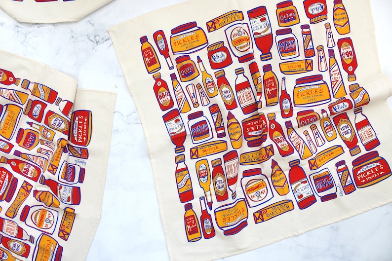 Condiments Print Tea Towel Kitchen Decor Ketchup Mustard Pickle Butter Hot Sauce Mayo Capers Salt & Pepper Olives image 1