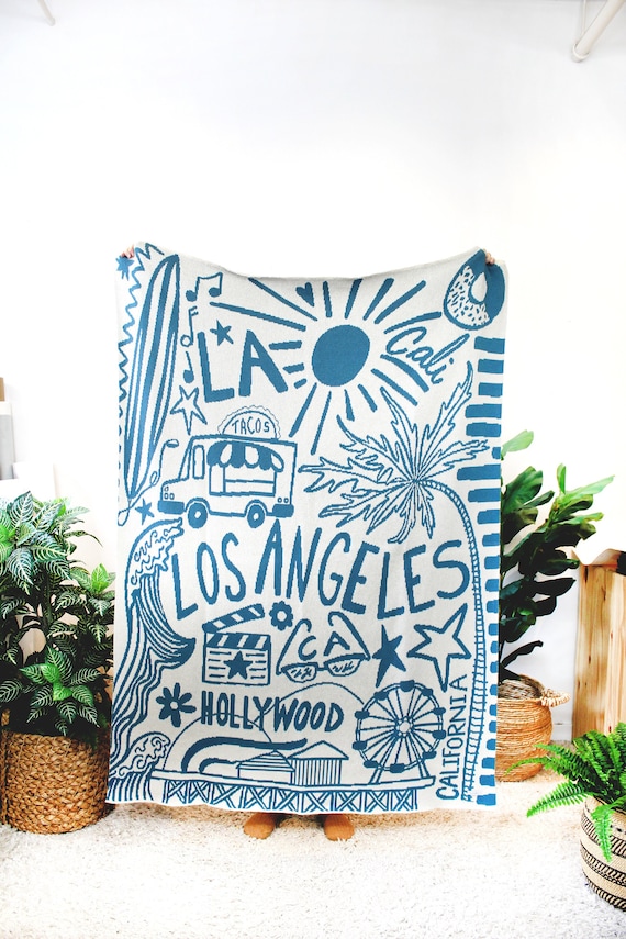 Los Angeles Knit Throw Blanket Malibu Light Grey and Teal California Design Sunshine Taco Truck Hollywood Beachy Blues Etsy Canada