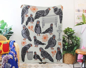 Park Pigeon Pals Knit Throw Blanket - New York City Pigeons Pattern - Unique NYC Gifts