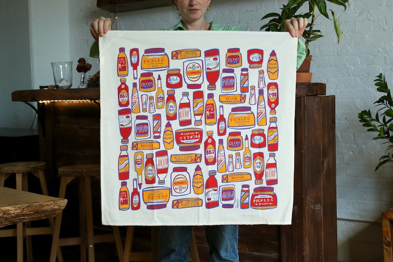 Condiments Print Tea Towel Kitchen Decor Ketchup Mustard Pickle Butter Hot Sauce Mayo Capers Salt & Pepper Olives image 2