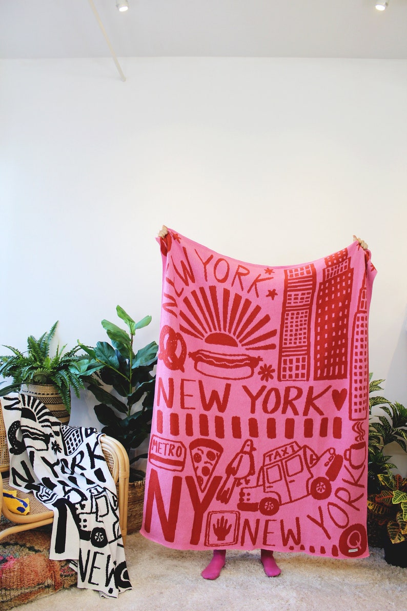 New York Knit Throw Blanket in BIG APPLE Classic Decor Cozy Gifts New York City Print Red and Pink image 1