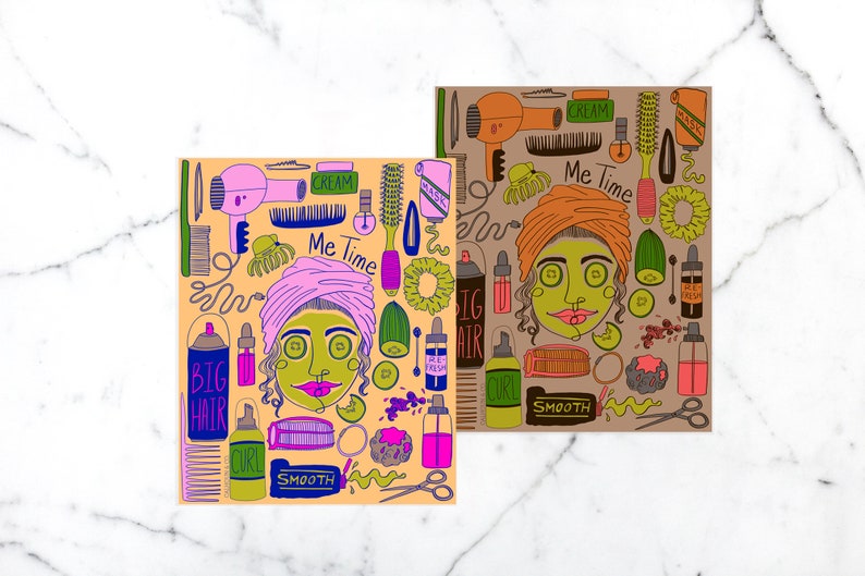 May include: Two illustrated cards with a light orange and light brown background. Each card features a cartoon woman with a face mask and a turban. The woman on the left has a pink turban and the woman on the right has an orange turban. Both cards have the text "Me Time" and feature various beauty and hair care products, including a hair dryer, hair clips, combs, and bottles of hair products.