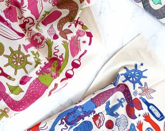 Mermaid Fantasy Screen Printed Tea Towel