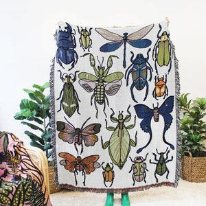 Insect Tapestry Blanket - Beetle, Dragonfly, Moth, Praying Mantis, Leaf Insect Bug Print - Unique Home Decor Beetle Design