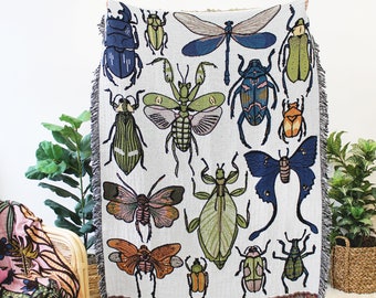 Insect Tapestry Blanket - Beetle, Dragonfly, Moth, Praying Mantis, Leaf Insect Bug Print - Unique Home Decor Beetle Design