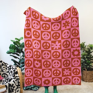 Peace Please - Peace Sign Knit Throw Blanket in Pink & Orange - Checkered Throw Blanket Decor Retro Flower