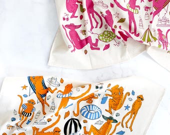 Beach Monkeys Screen Printed Tea Towel