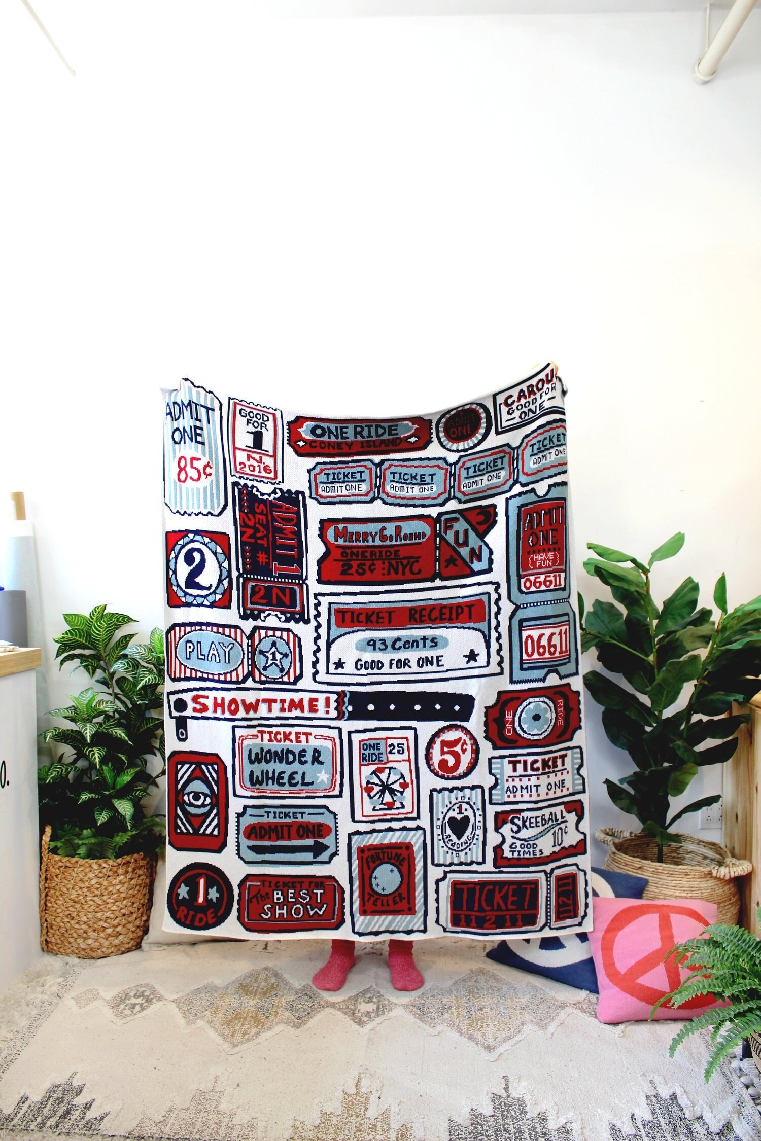 Admit one Knit Throw Blanket in Wonder Wheel - New York Home Decor - Coney Island Theme Room Art - Vintage Tickets - Carnival