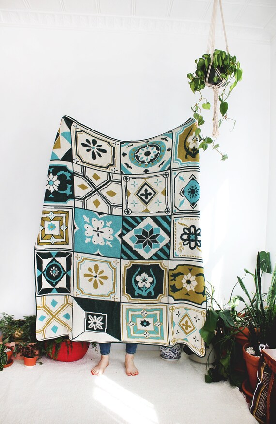 Portugal Tile Pattern Blanket - Porto - Blue and Green Design Knit Blanket - Boho Wanderlust Home Decor - Teal Living room Throw