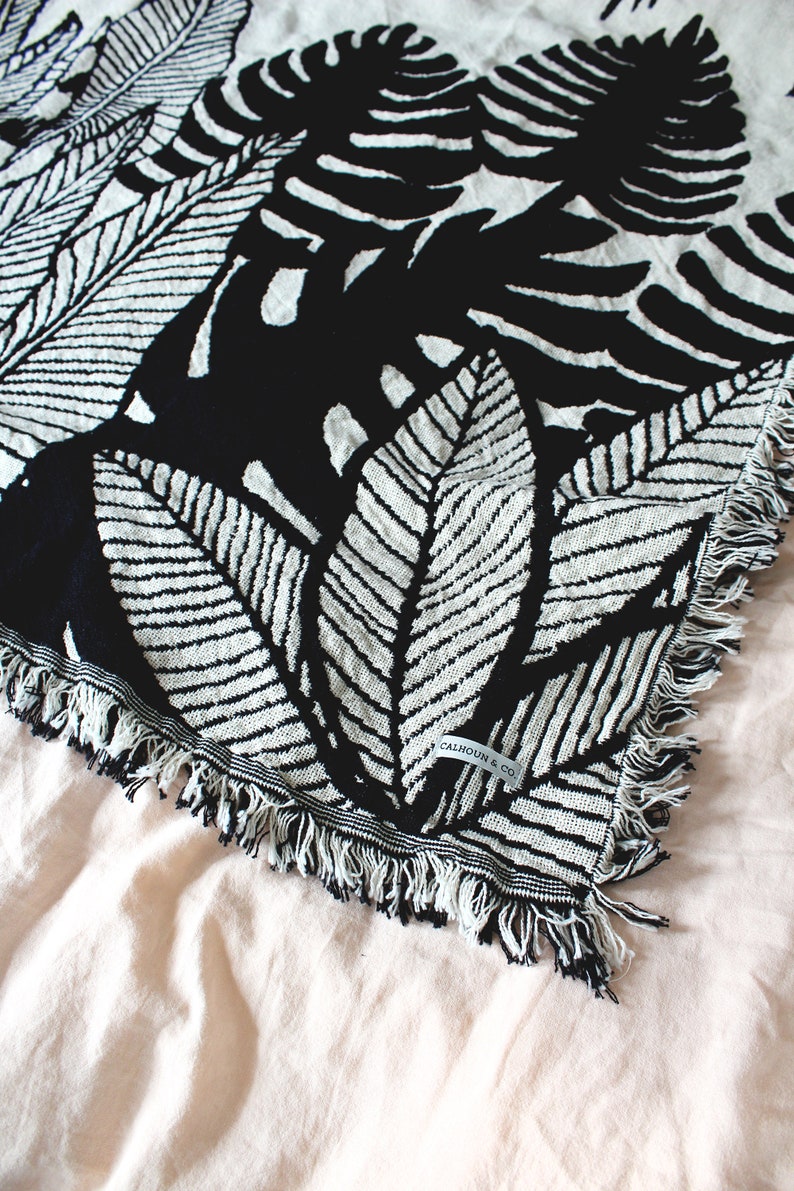 Tropical Jungle Black and White Reversible Throw Blanket Housewarming Gift House Plants Living Room Couch Blanket Bedroom Decor image 8