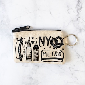 New York Screen Printed Zipper Card Pouch with Key Ring NYC Coin Pouch Metro Card Holder New York Keychain Zipper Wallet NEW YORKER