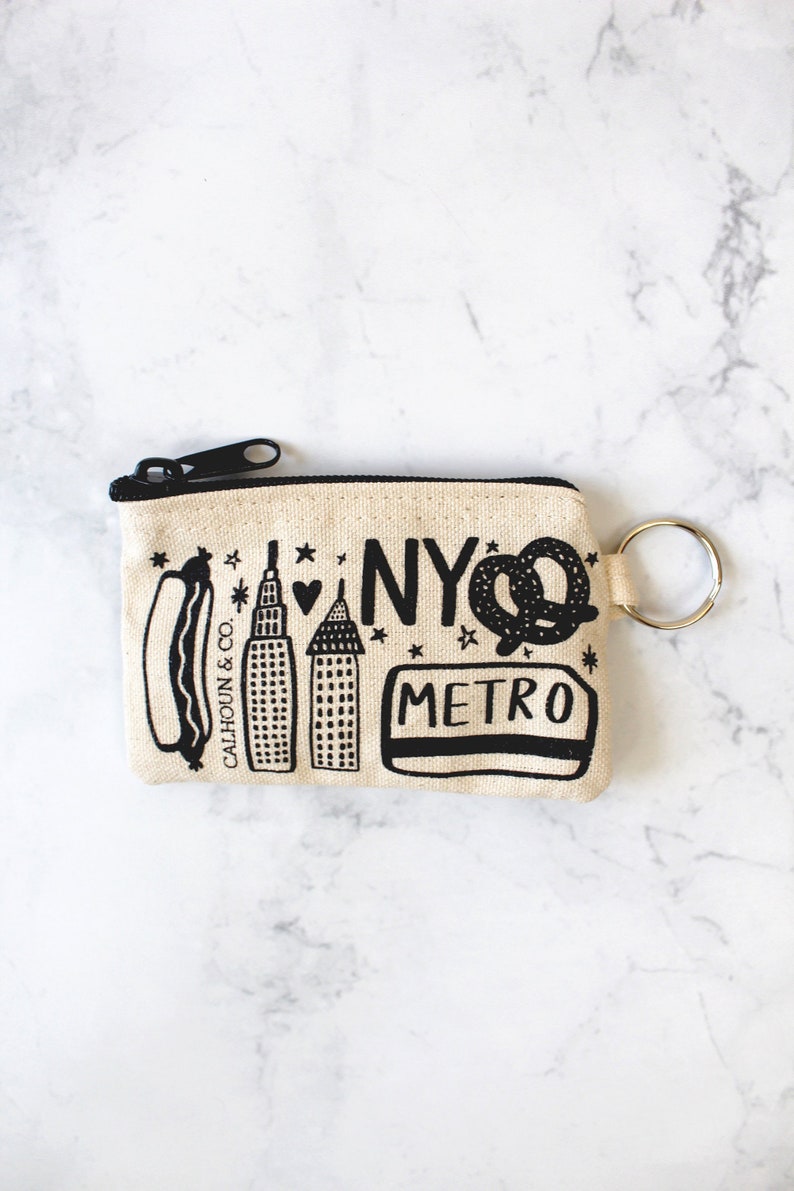 New York Screen Printed Zipper Card Pouch with Key Ring NYC Coin Pouch Metro Card Holder New York Keychain Zipper Wallet NEW YORKER