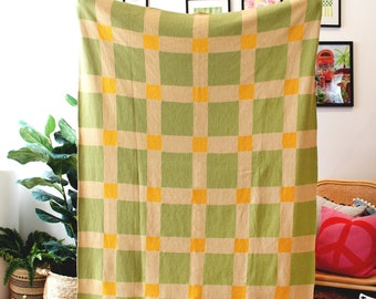 Manta de punto Gingham - Uno en un melón - Verde - Amarillo - Decoración de manta de tiro a cuadros - Manta de picnic