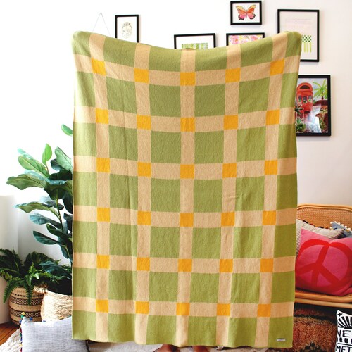 Couverture en tricot vichy - melon unique - vert - jaune - couverture décorative à carreaux - couverture de pique-nique