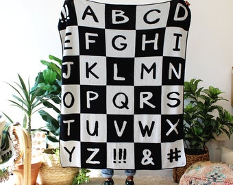 Alphabet Throw Blanket in Hopscotch - Black and White Checkered Decor - Kid's Playroom and Nursery Decor
