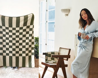 Aimee Song Creator Collab - Checkered Stripe Reversible Knit Throw Blanket - Olive Green and Beige Checkers