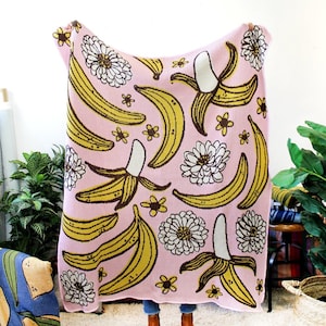 Banana Jam Knit Blanket - Pink Yellow Bananas - Fruit Print - Housewarming - Fruit Decor