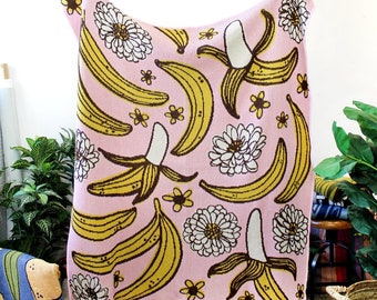 Banana Jam Knit Blanket - Pink Yellow Bananas - Fruit Print - Housewarming - Fruit Decor