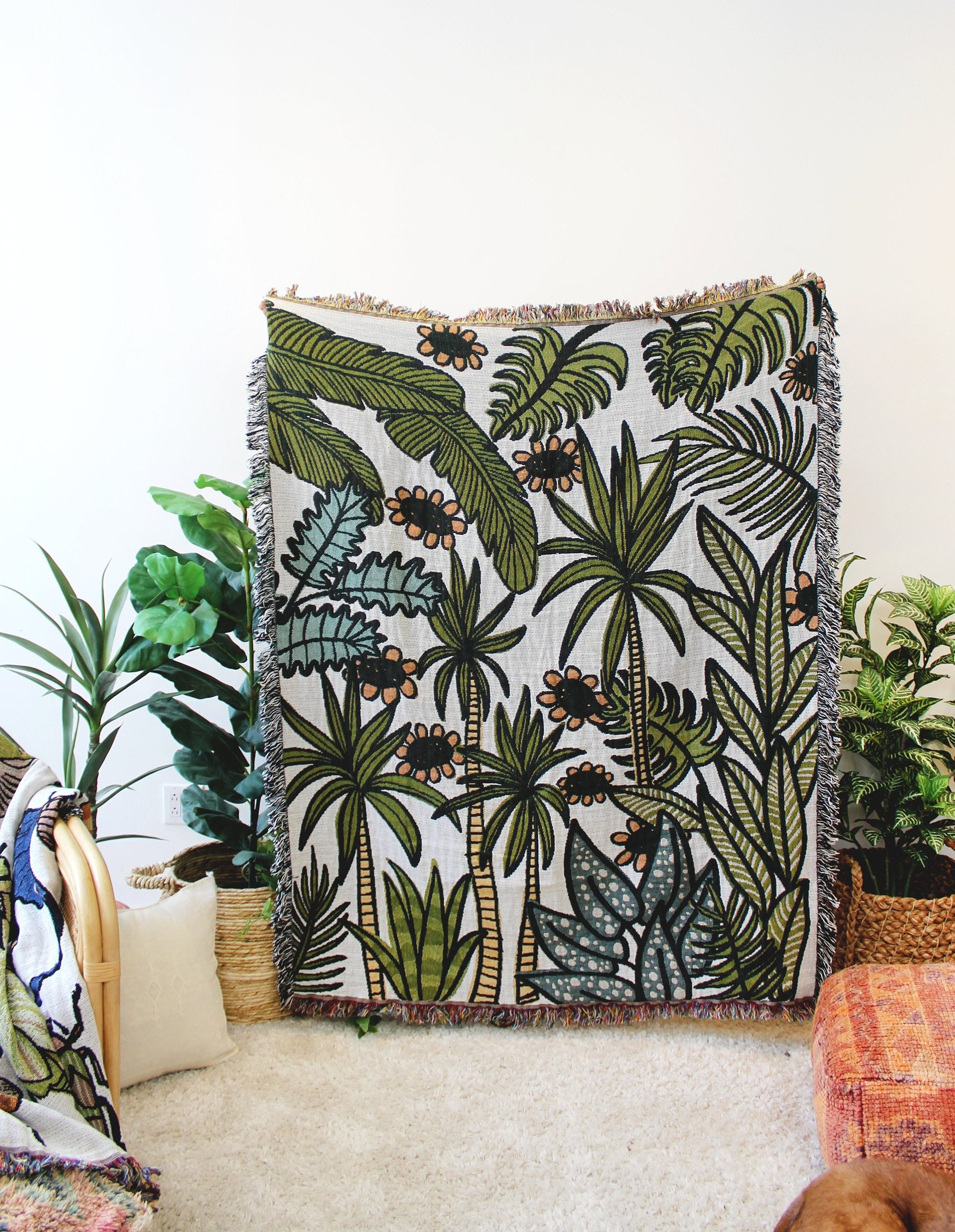 KD Spain — Palm Leaf Teal Tropical Woodblock Style Colorful Throw