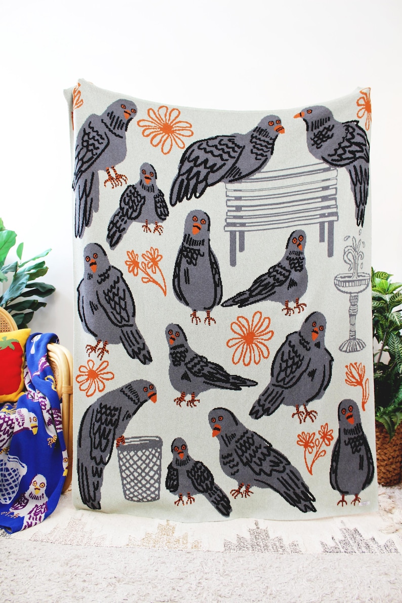 Park Pigeon Pals Knit Throw Blanket - New York City Pigeons Pattern ...