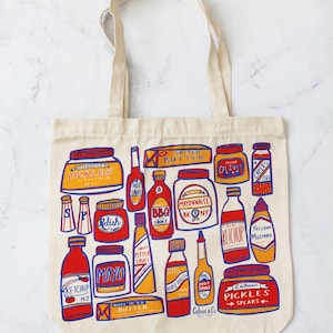 Condiments Print Tote Bag Ketchup Hot Sauce Reusable Canvas Bag with Zipper image 2