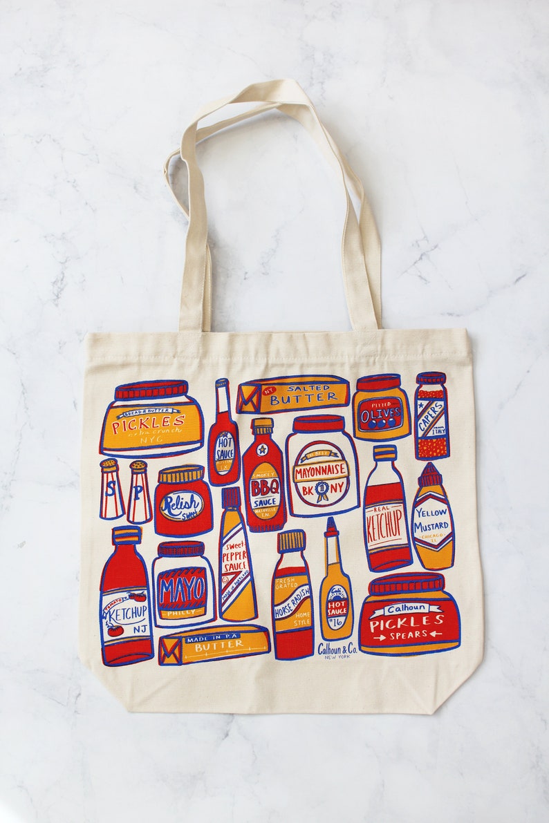 Condiments Print Tote Bag Ketchup Hot Sauce Reusable Canvas Bag with Zipper image 2