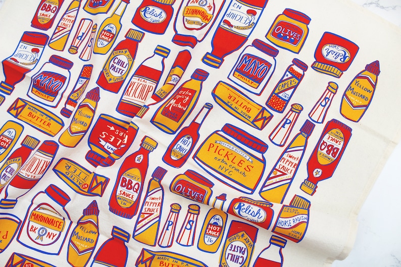 Condiments Print Tea Towel Kitchen Decor Ketchup Mustard Pickle Butter Hot Sauce Mayo Capers Salt & Pepper Olives image 8