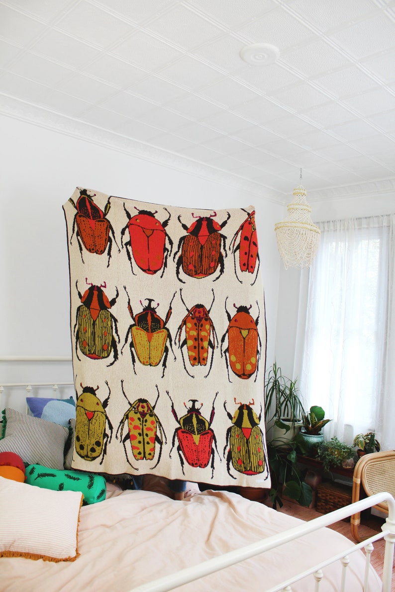 Beetle Knit Throw Blanket Boho Colorful Home Decor Insect Pattern Blanket Beetles Artwork for Home Apartment Living Room image 1