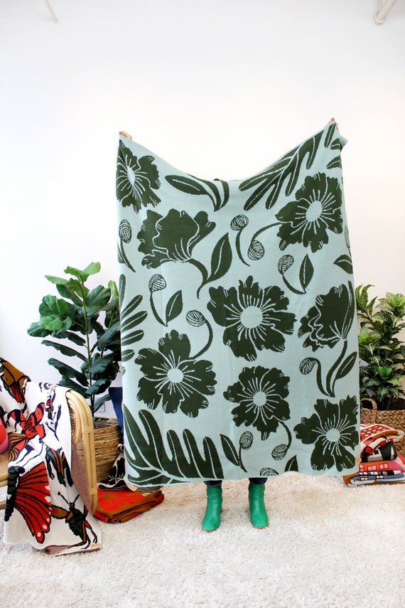 Floral Merino Wool Blanket in Blue and Green Flower and Leaf Pattern Print Design Nature Inspired Neutral Throw Blanket Etsy UK