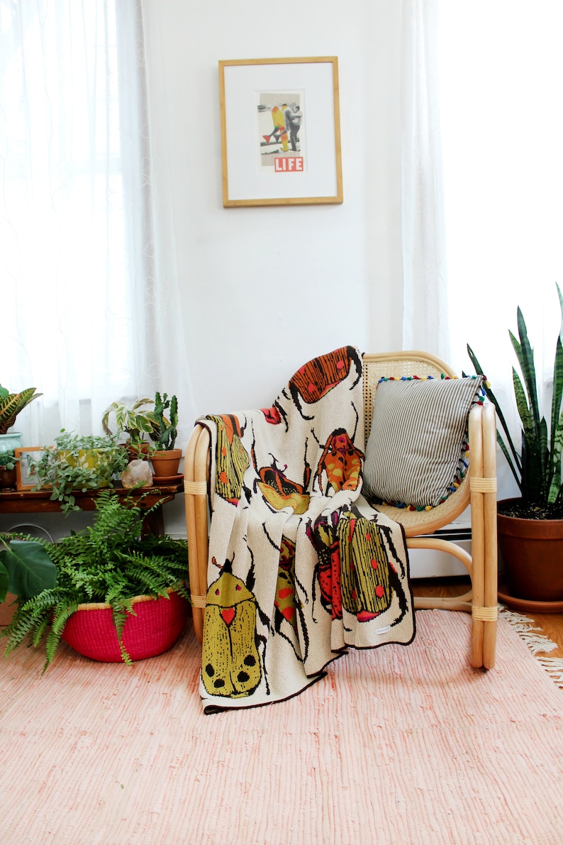 Beetle Knit Throw Blanket Boho Colorful Home Decor Insect Pattern Blanket Beetles Artwork for Home Apartment Living Room image 6