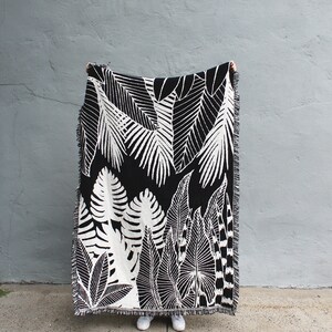 Tropical Jungle Black and White Reversible Throw Blanket Housewarming Gift House Plants Living Room Couch Blanket Bedroom Decor image 2