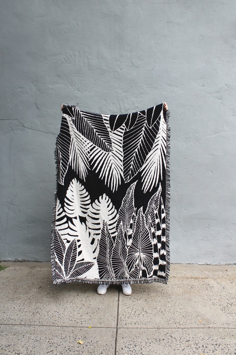 Tropical Jungle Black and White Reversible Throw Blanket Housewarming Gift House Plants Living Room Couch Blanket Bedroom Decor image 2