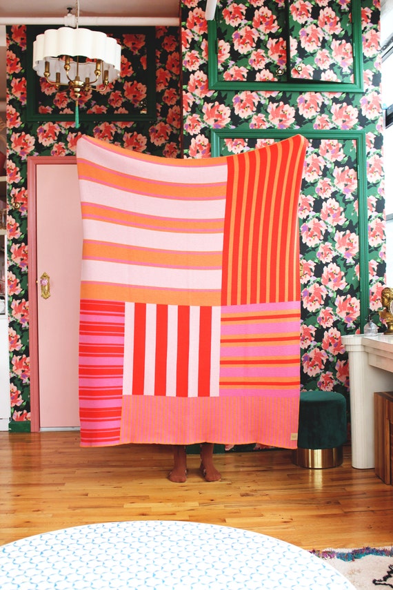 Pink and Red Stripes Patchwork Mix and Match Merino Wool Blanket in Pinks Poppy Peach Colorful Throw Blanket Etsy Canada