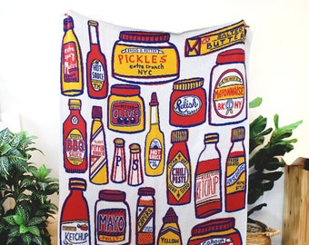 Condiments Knit Blanket - Foodie Housewarming Gift - Pickles Throw Blanket - Hot Sauce Throw Blanket - Salt and Pepper Home Decor - Ketchup