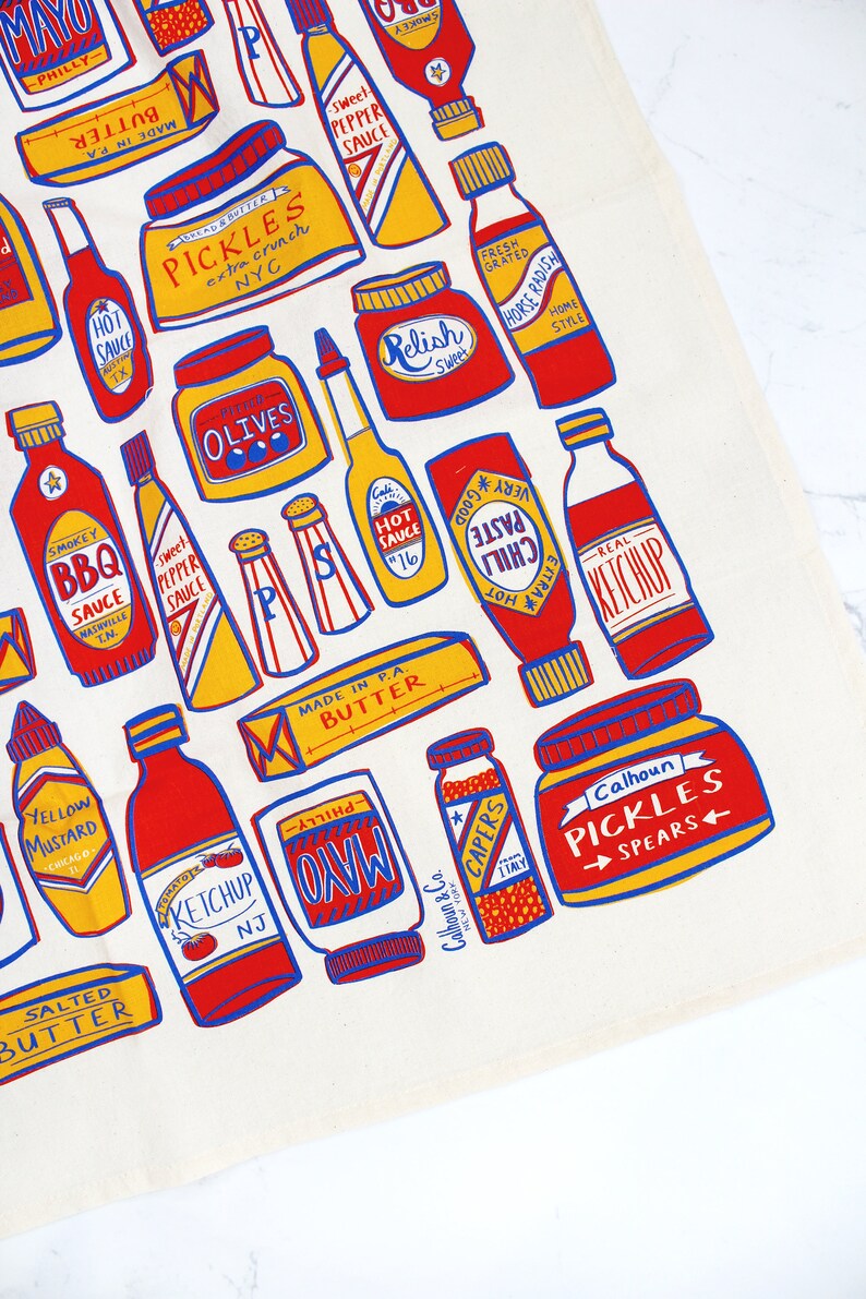 Condiments Print Tea Towel Kitchen Decor Ketchup Mustard Pickle Butter Hot Sauce Mayo Capers Salt & Pepper Olives image 6