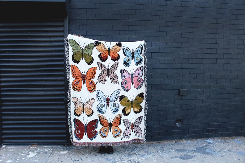 Butterfly and Moth Multi-Color Tapestry Blanket Cotton Throws Housewarming Gift Bohemian Colorful Home Decor image 1