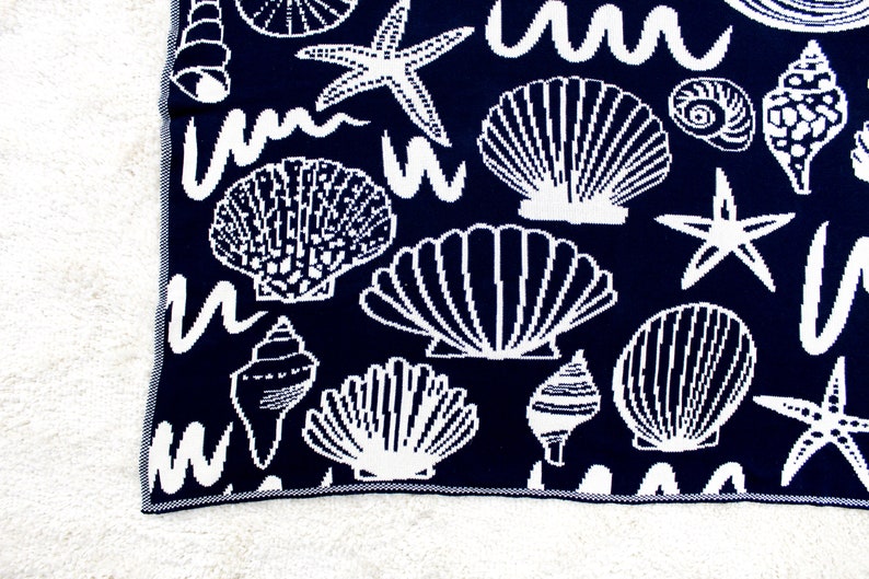 Seashell Cotton Blanket in Deep Ocean Navy Beach House Decor Etsy