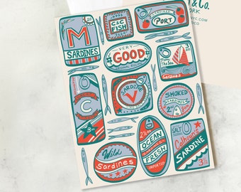 Sardines and Tin Fish Greeting Card - Tinned Fish Greeting Card - Gift - Foodie Greeting Card - Stationery - Blank Greeting Card