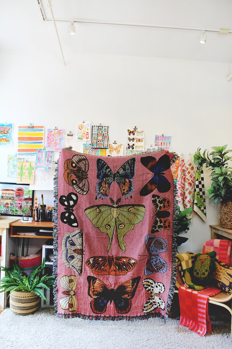 Pink Moth Still Life Tapestry Blanket - Butterflies and Moths - Lepidopterist Entomologist