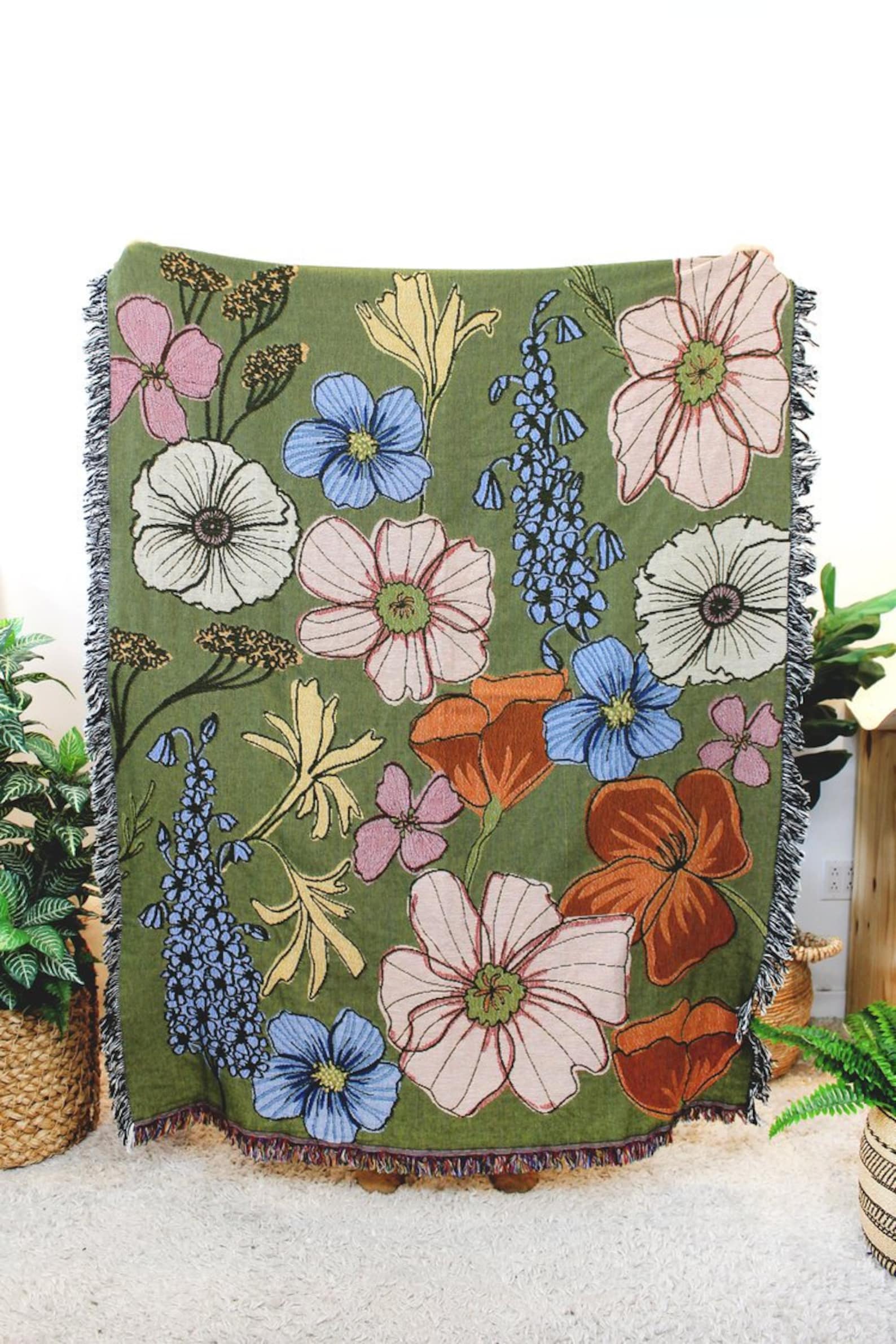 Wild Flowers Floral Blanket - Multi-color Tapestry Blanket - Cotton ...
